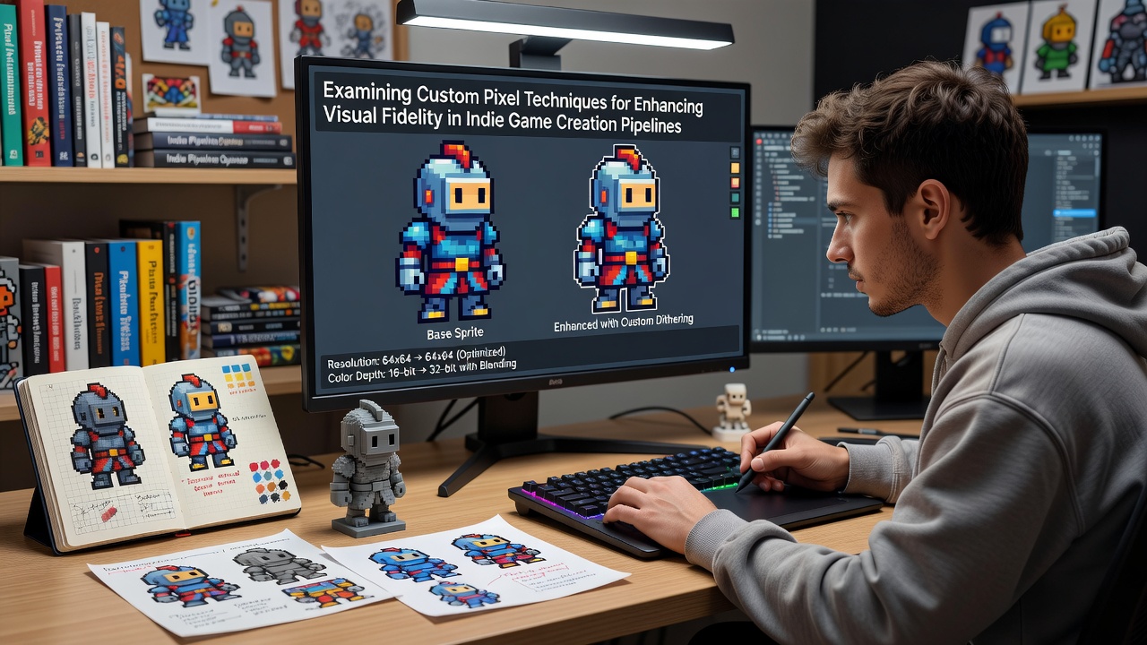 Detailed view of pixel shader code and output comparison in an indie game engine