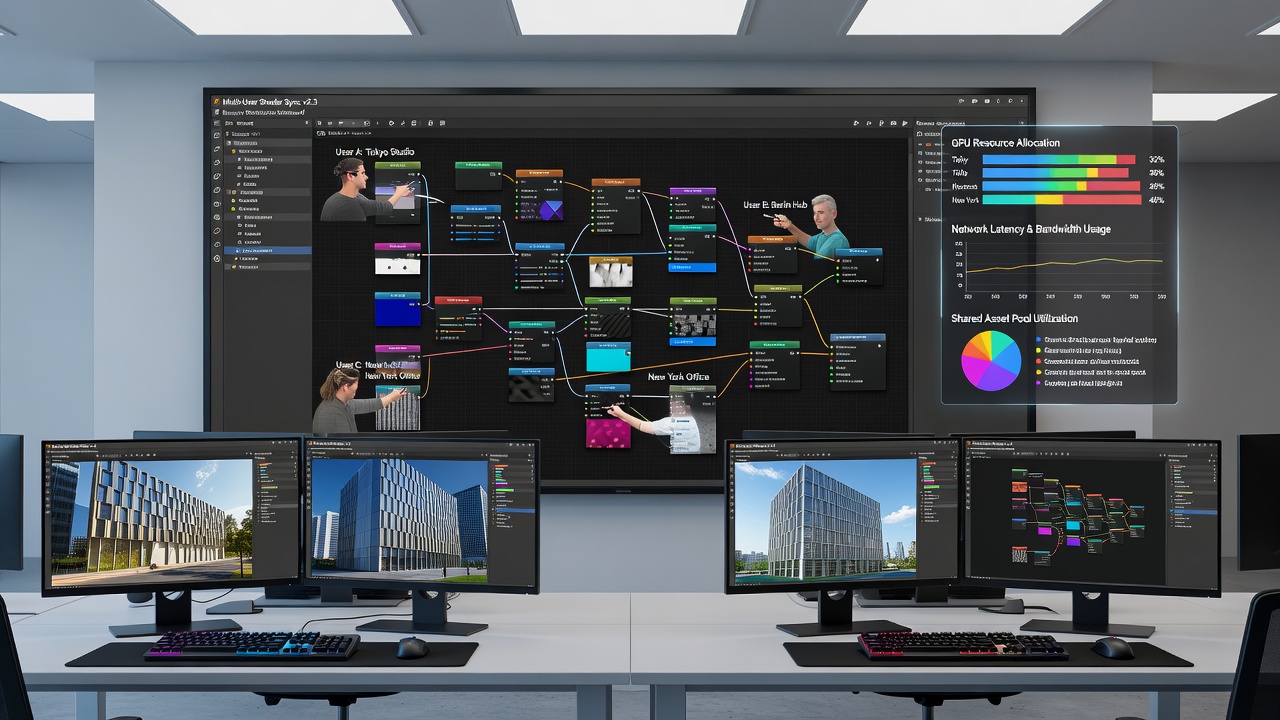 Screenshot of a multi-user interface displaying shader parameters being edited collaboratively in an architectural visualization project